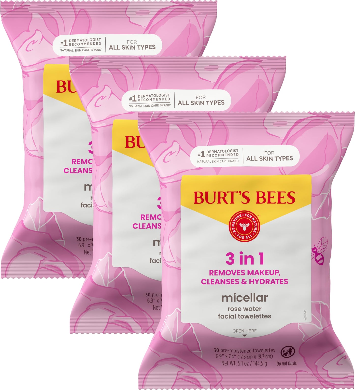 HotBurts Bees Micellar Rose Water Facial Towelettes, 100% Plant Based Cloth; 99% Natural Origin; Remove Makeup, Cleanse, Hydrate; No Greasy, Oily Residue; All Skin Types; 30 Ct, Pack of 3 (Pack May Vary)