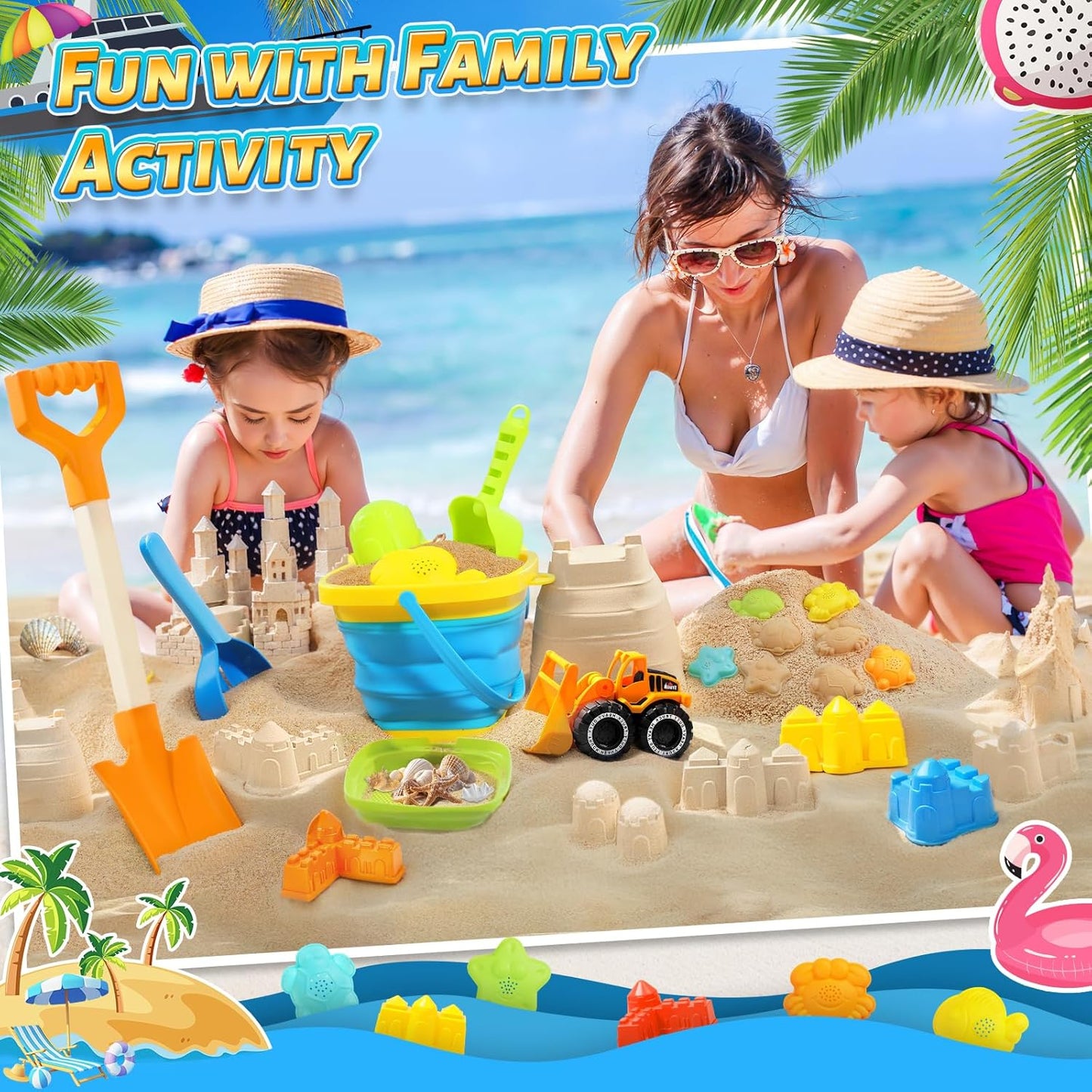 HotCollapsible Beach Sand Toys for Kids, Sandbox Toys Summer Travel Essentials | Includes Bucket, Sand Shovel, Beach Sifter, Castle Molds, Toddler Beach Toys with Mesh Bag, Outdoor Beach for Kids Girls