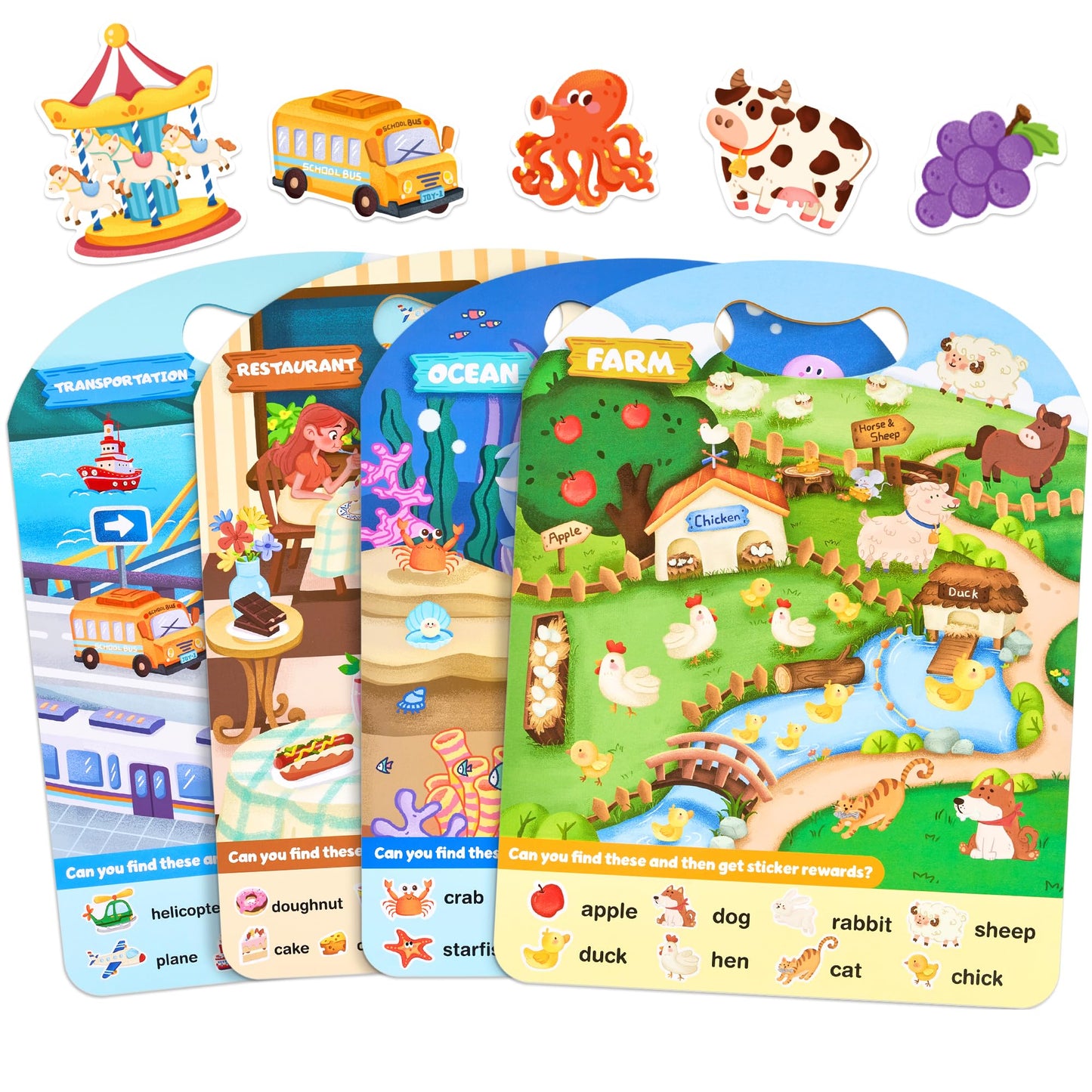 HotJoyCat Reusable Sticker Book Set (3-Pack): Farm, Pizza-Making, Weather - 90 Pcs Stickers for Toddlers, Kids Sticker Activity Book, Road Trip Travel Toys, Birthday Gifts for Boys and Girls