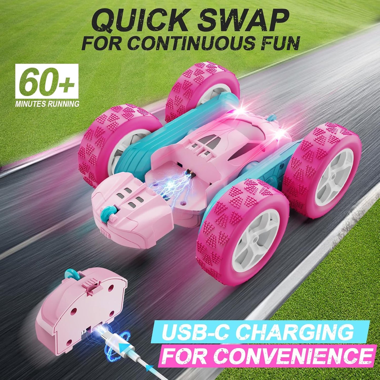 HotQUNREDA RC Cars, Pink Remote Control Car for Girls, 2.4 GHZ Double Sided RC Stunt Car 360° Rotating Remote Control Crawler with Headlights Car Toys for 6 7 8 9 10 11 12 Girls Birthday Gift Grandkids