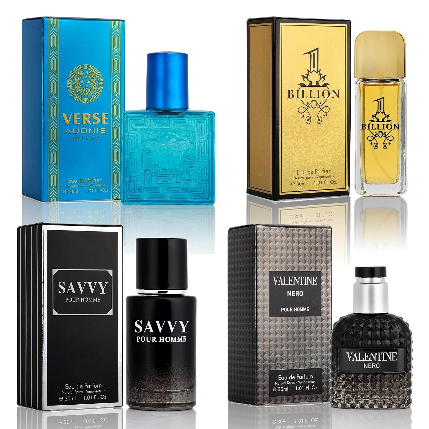 Hot Signature Scent 4-Piece Mini Fragrance Set for Men Includes Savvy/1 Billion/Verse/Valentine Collection of Woody, Spicy, Citrus & Aromatic Fragrance Non-Irritating Ingredient Each One in 30ml Bottle
