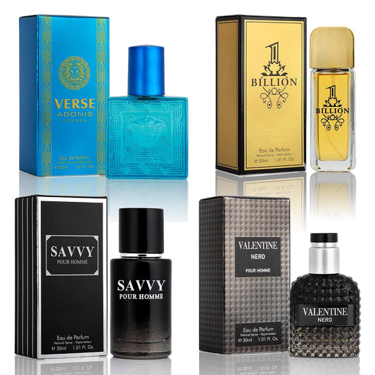 Hot Signature Scent 4-Piece Mini Fragrance Set for Men Includes Savvy/1 Billion/Verse/Valentine Collection of Woody, Spicy, Citrus & Aromatic Fragrance Non-Irritating Ingredient Each One in 30ml Bottle