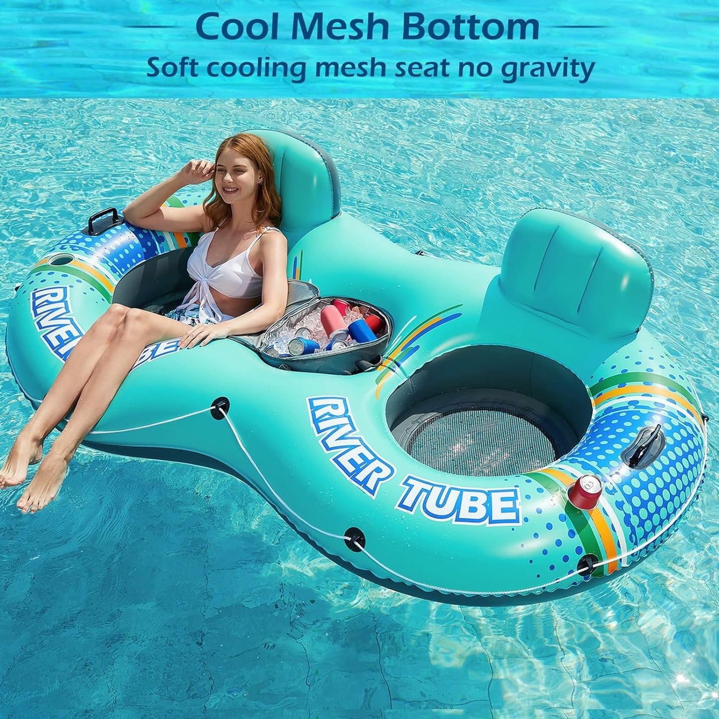 Hot Jasonwell Heavy Duty 2 Person Inflatable River/Pool Tube Float with Removable Cooler, Tubes for Lake, Floating River Raft Lounge Floatie with 2 cup Holders For Adults, Cyan