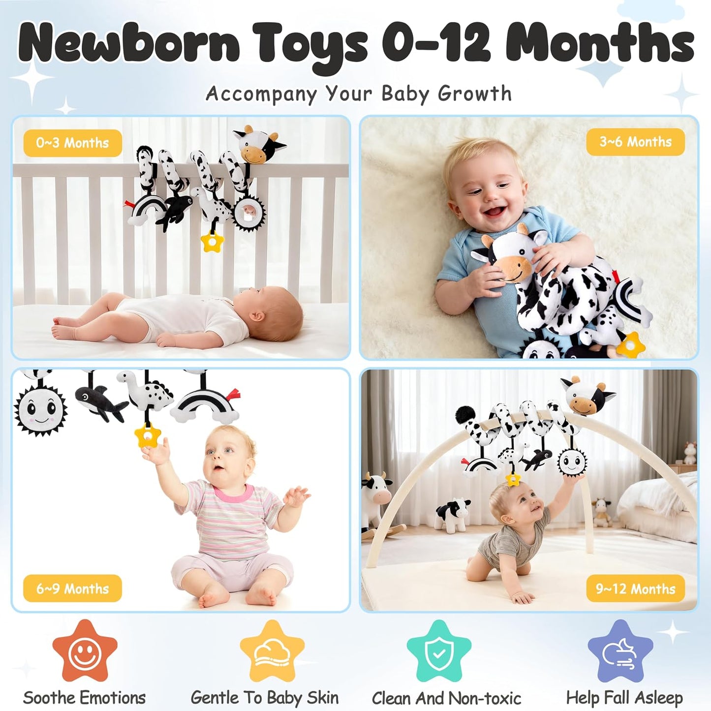 HotSpiral Car Seat Baby Toys 0-6 Months, Infant Carseat High Contrast Sensory Toys Hanging Stroller Accessories, Newborn Shower Gifts for Baby Boys Essentials Stuff, Cute Black and White Cow