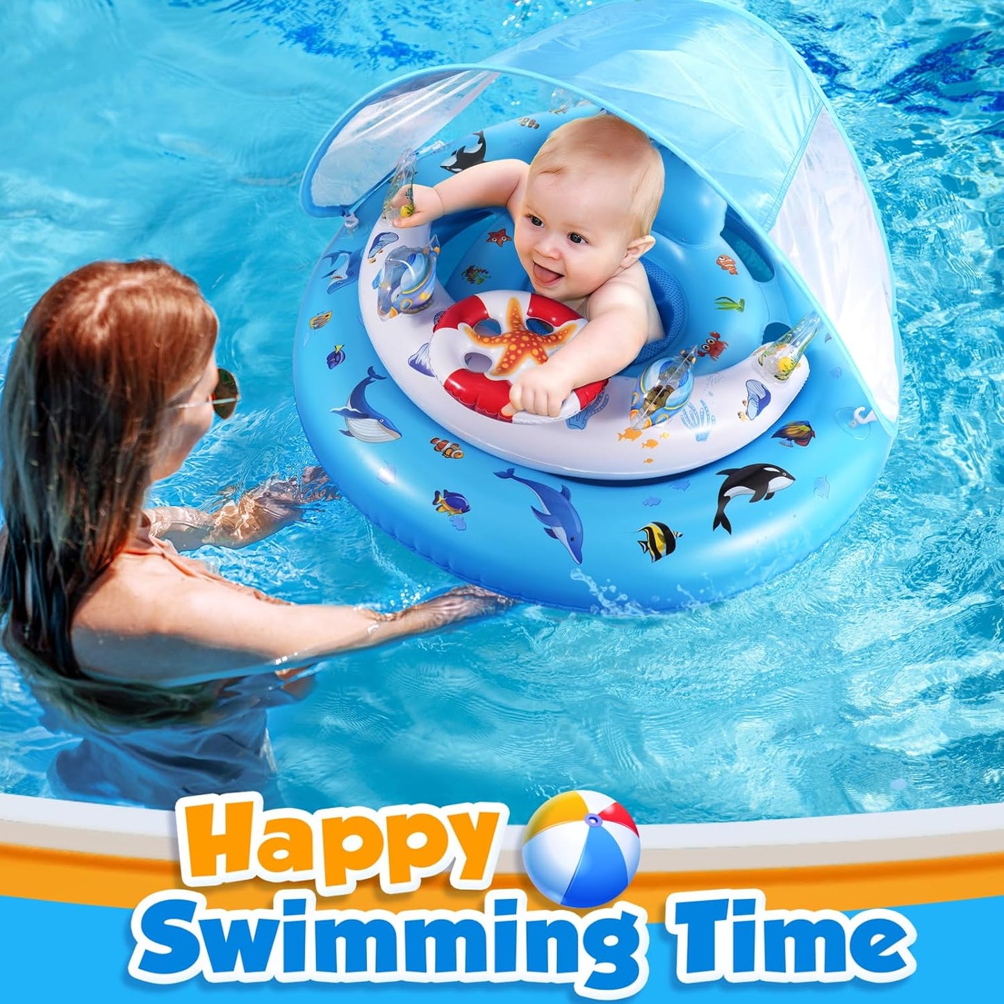 HotBaby Pool Float with Canopy UPF50+ Sun Protection, Inflatable Kids Pool Floats with Toy Play Console for Baby 6-36 Months, Infant Swimming Float with Adjustable Safety Seat for Boys Girls