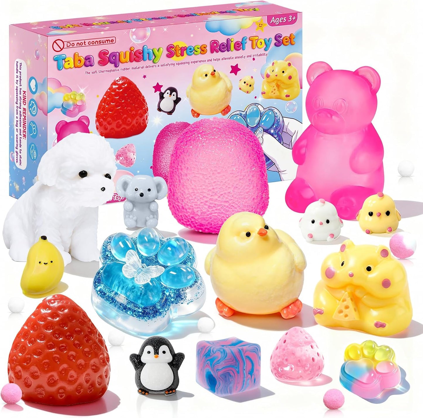 Hot 15Pcs Taba Squishies Kit, Squishies Fidget Toys, Including Strawberry, Cat Paw, Hamster Toy, Stress Relief Toys Party Favors for Kids 4-8 8-12, Sensory Toys Birthday Easter Gifts