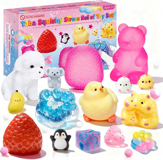 Hot 15Pcs Taba Squishies Kit, Squishies Fidget Toys, Including Strawberry, Cat Paw, Hamster Toy, Stress Relief Toys Party Favors for Kids 4-8 8-12, Sensory Toys Birthday Easter Gifts