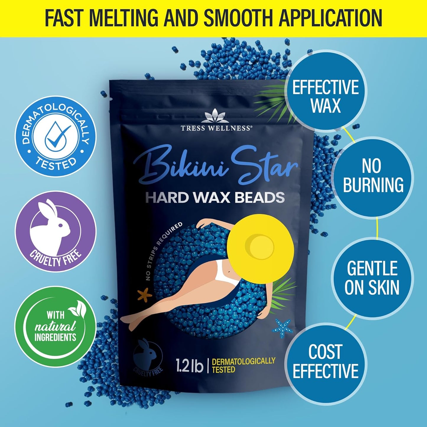 HotTress Wellness Wax Beads - Award Winning - Safe for Skin - Dermatologically Tested - At-Home Kit for Bikini, Brazilian & Full Body - Bikini Star 1.2lb