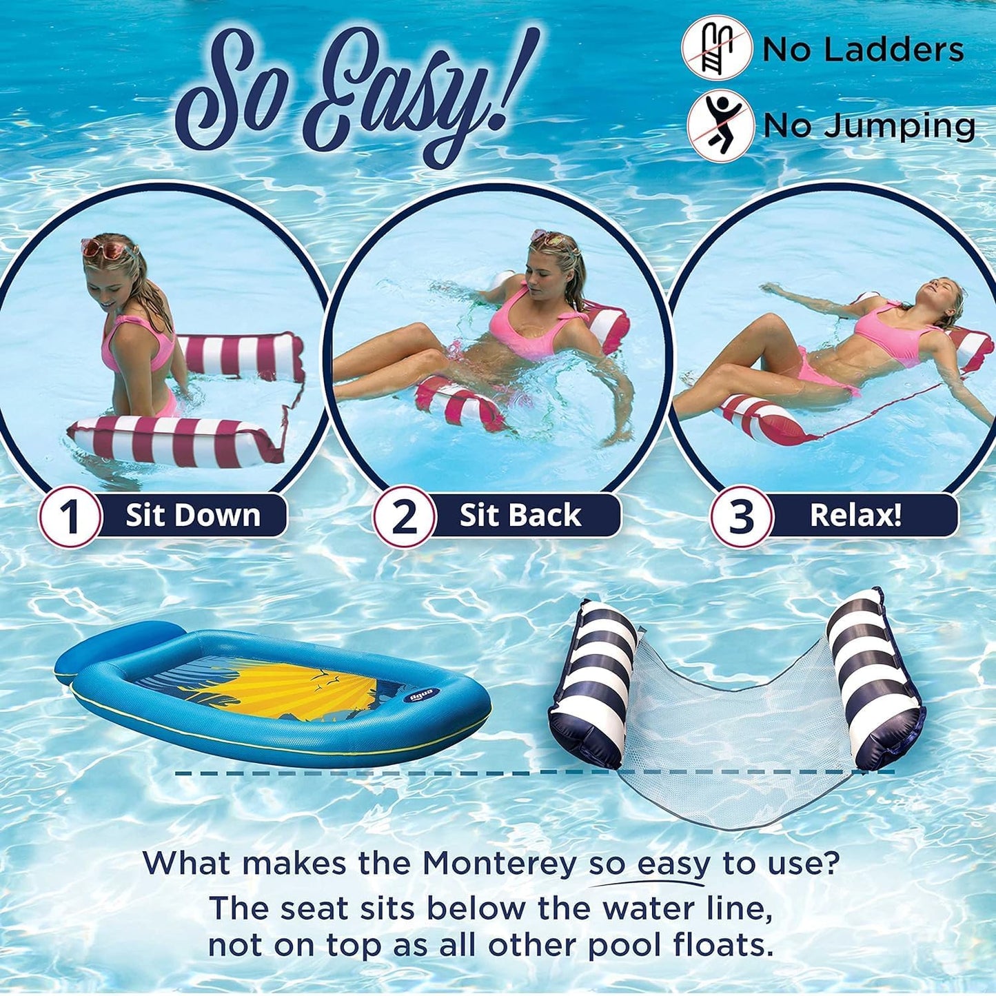 HotAqua 4-in-1 Monterey Hammock Pool Float & Water Hammocks – 2-3-4 Multipacks – Multiple Colors/Styles – for Adults and Kids Floating
