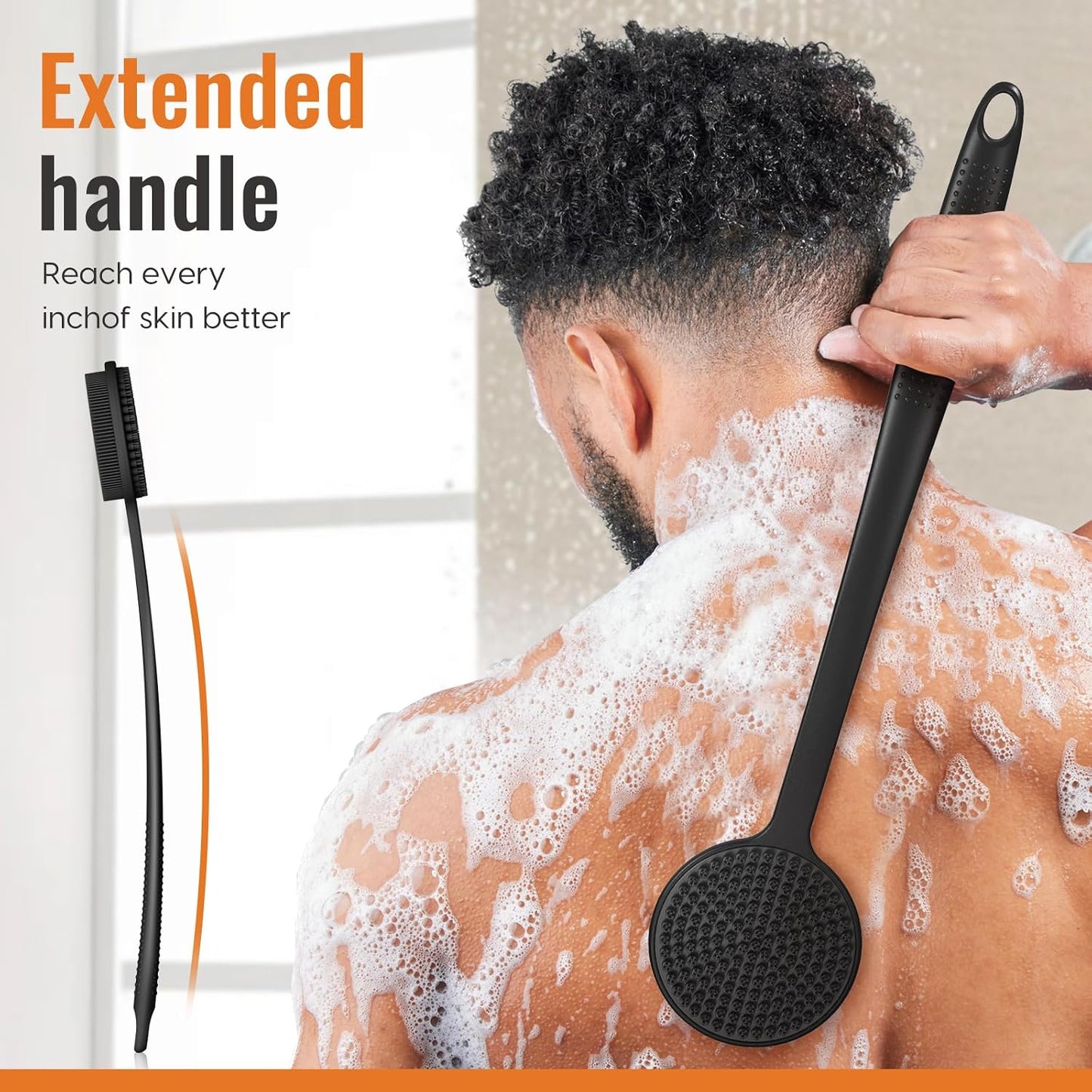 HotSilicone Back Scrubber for Shower, 17in Lengthen Long Handle Body Brush, Double Sided Shower Brush for Shower Exfoliating and Massage Can Produce Rich Foam, Long Handle Back Scrubber for Men