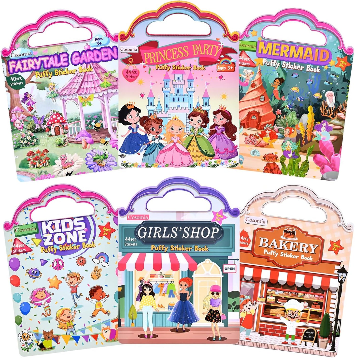 Hot6 Set (260pcs) Puffy Sticker Books Activity for Girls, Reusable Stickers Book, Fairytale+Garden+Princess Party+Mermaid+Kids Zone+Girls' Shop, Travel Book for Kids Ages 3+