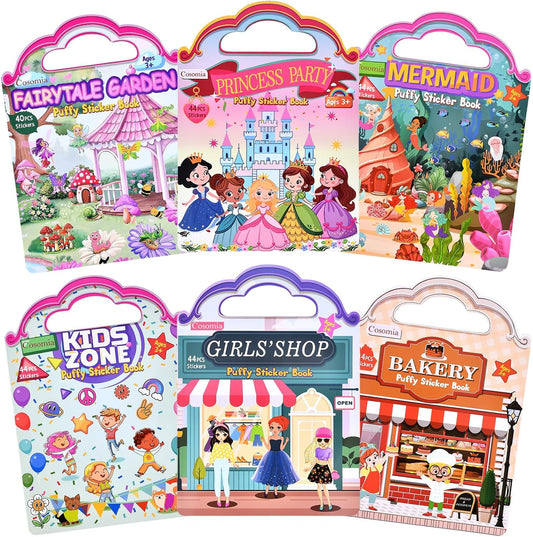 Hot6 Set (260pcs) Puffy Sticker Books Activity for Girls, Reusable Stickers Book, Fairytale+Garden+Princess Party+Mermaid+Kids Zone+Girls' Shop, Travel Book for Kids Ages 3+