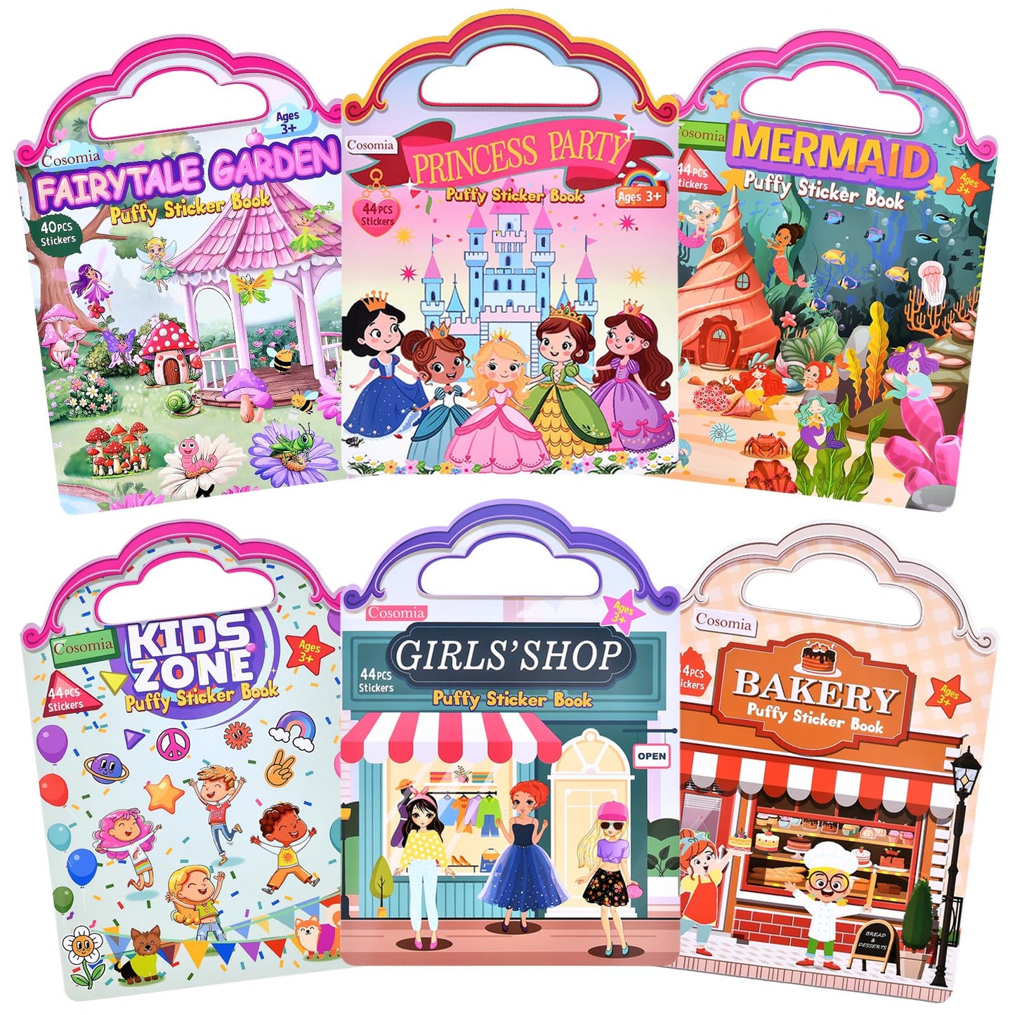 Hot6 Set (260pcs) Puffy Sticker Books Activity for Girls, Reusable Stickers Book, Fairytale+Garden+Princess Party+Mermaid+Kids Zone+Girls' Shop, Travel Book for Kids Ages 3+