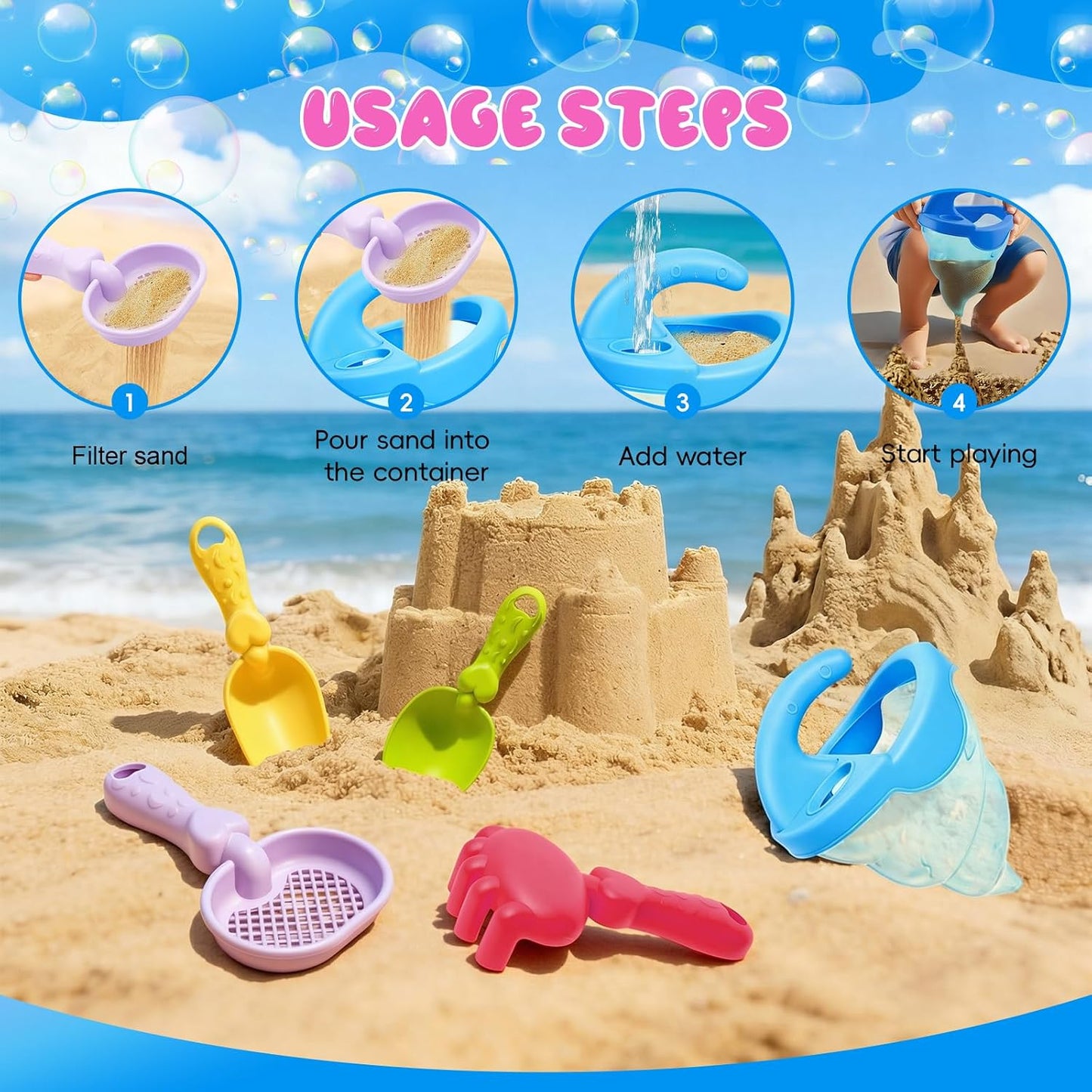 Hot YUTONG Beach Toys for Kids, 5Pcs Sand Spilling Funnel,Set with Shovel Rake Siftersand Spoon,Outdoor Sandbox Toys for Toddlers Age 3+, Pool, Backyard and Summer Beach Activitie