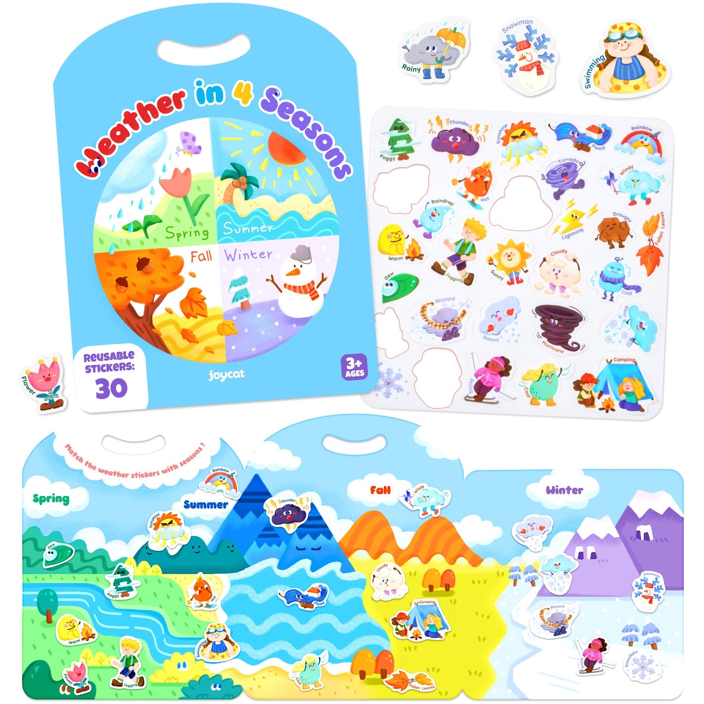 HotJoyCat Reusable Sticker Book Set (3-Pack): Farm, Pizza-Making, Weather - 90 Pcs Stickers for Toddlers, Kids Sticker Activity Book, Road Trip Travel Toys, Birthday Gifts for Boys and Girls