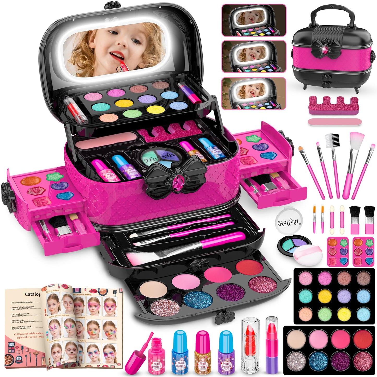 HotHollyhi 58 Pcs Kids Makeup Kit for Girl, Princess Toys Real Washable Cosmetic Set with Mirror, Kids Makeup Sets for Girls, Play Make Up Birthday Gifts for 3 4 5 6 7 8 9 10 11 12 Years Old Kid (Rose)
