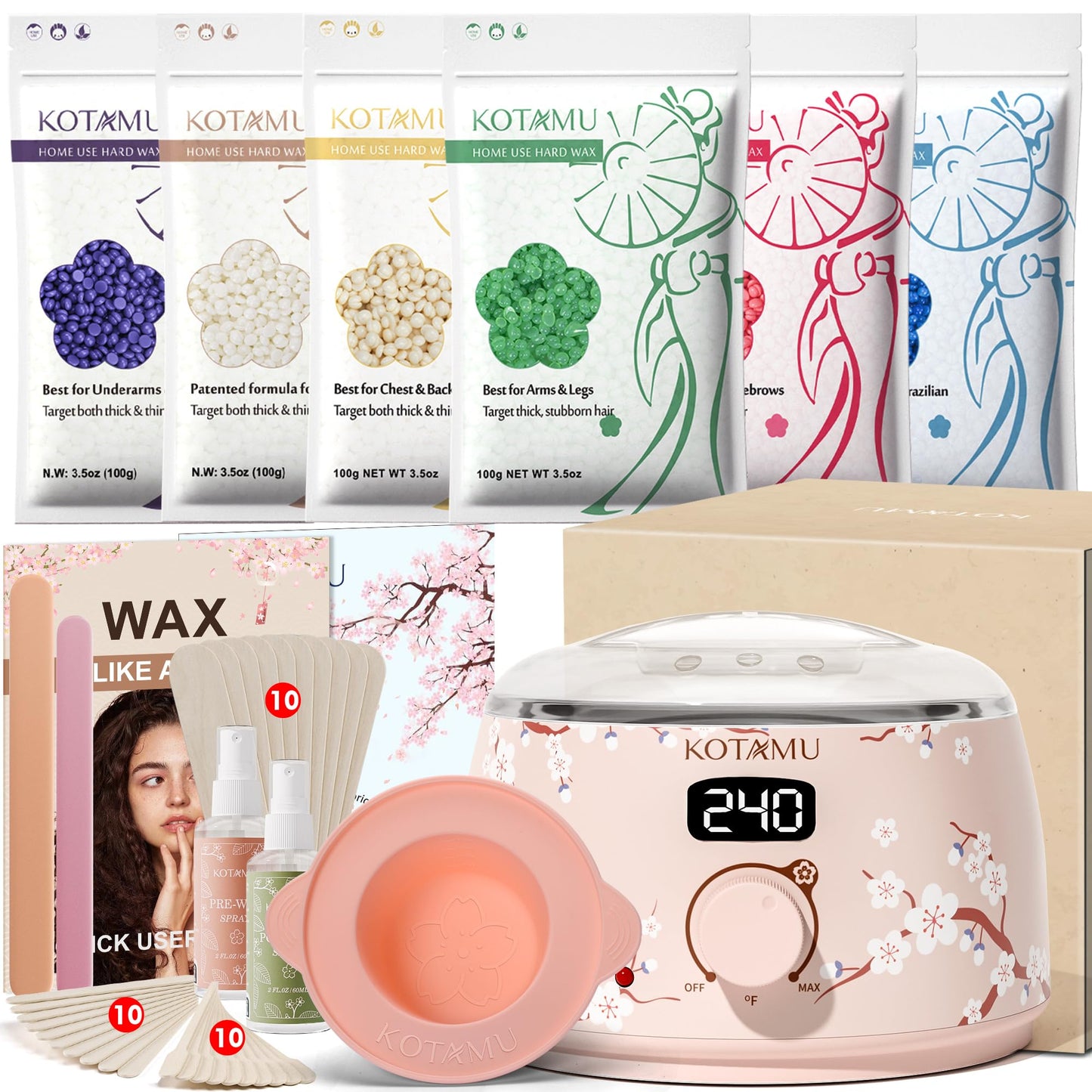 HotKOTAMU Waxing Kit for Women & Men, Pink Digital Wax Pot Warmer Hair Removal | Home Hard Wax Kit, Wax Machine, Face, Eyebrow, Bikini, Brazilian, Body, Sensitive Skin, 25 Accessories, Beginner-Friendly