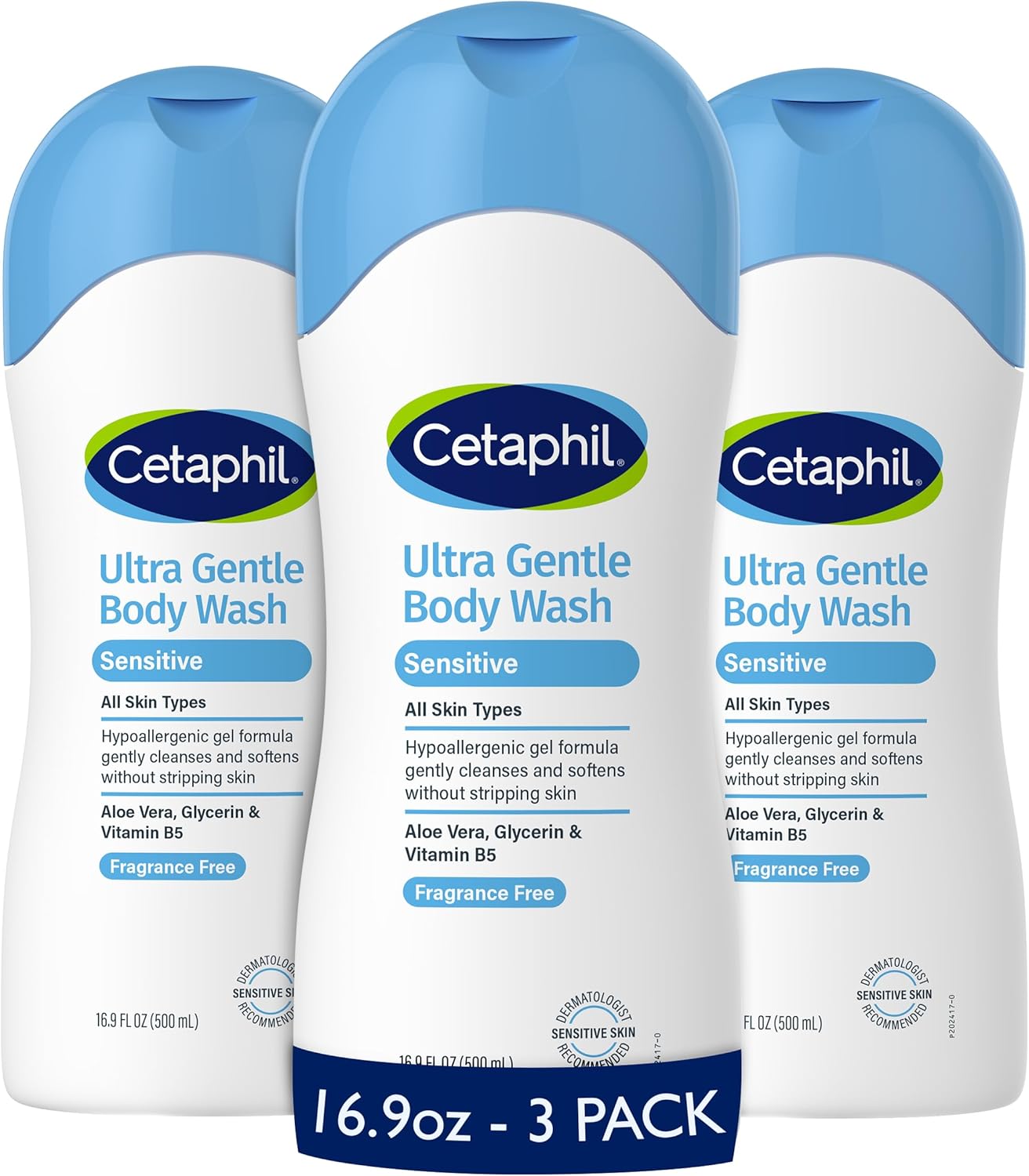 HotCetaphil Ultra Gentle Body Wash, For Dry to Normal, Sensitive Skin, 16.9oz Pack of 3, Aloe Vera, Vitamin B5, Hypoallergenic, Paraben Free, Fragrance Free, Dermatologist Tested