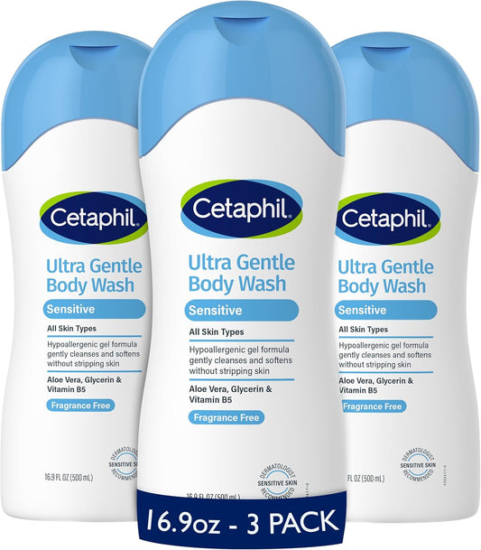 HotCetaphil Ultra Gentle Body Wash, For Dry to Normal, Sensitive Skin, 16.9oz Pack of 3, Aloe Vera, Vitamin B5, Hypoallergenic, Paraben Free, Fragrance Free, Dermatologist Tested