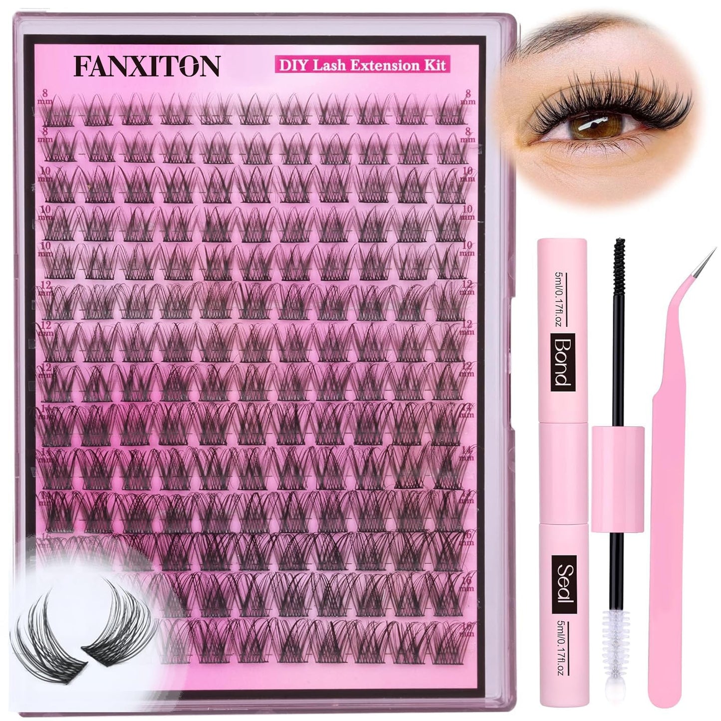 HotFANXITON DIY Individual Eyelash Extension Kit, Thick Volume Lash Clusters 40D+50D D Curvature, 280 Pieces Thin Band Cluster Lashes with Bond and Seal Tweezers