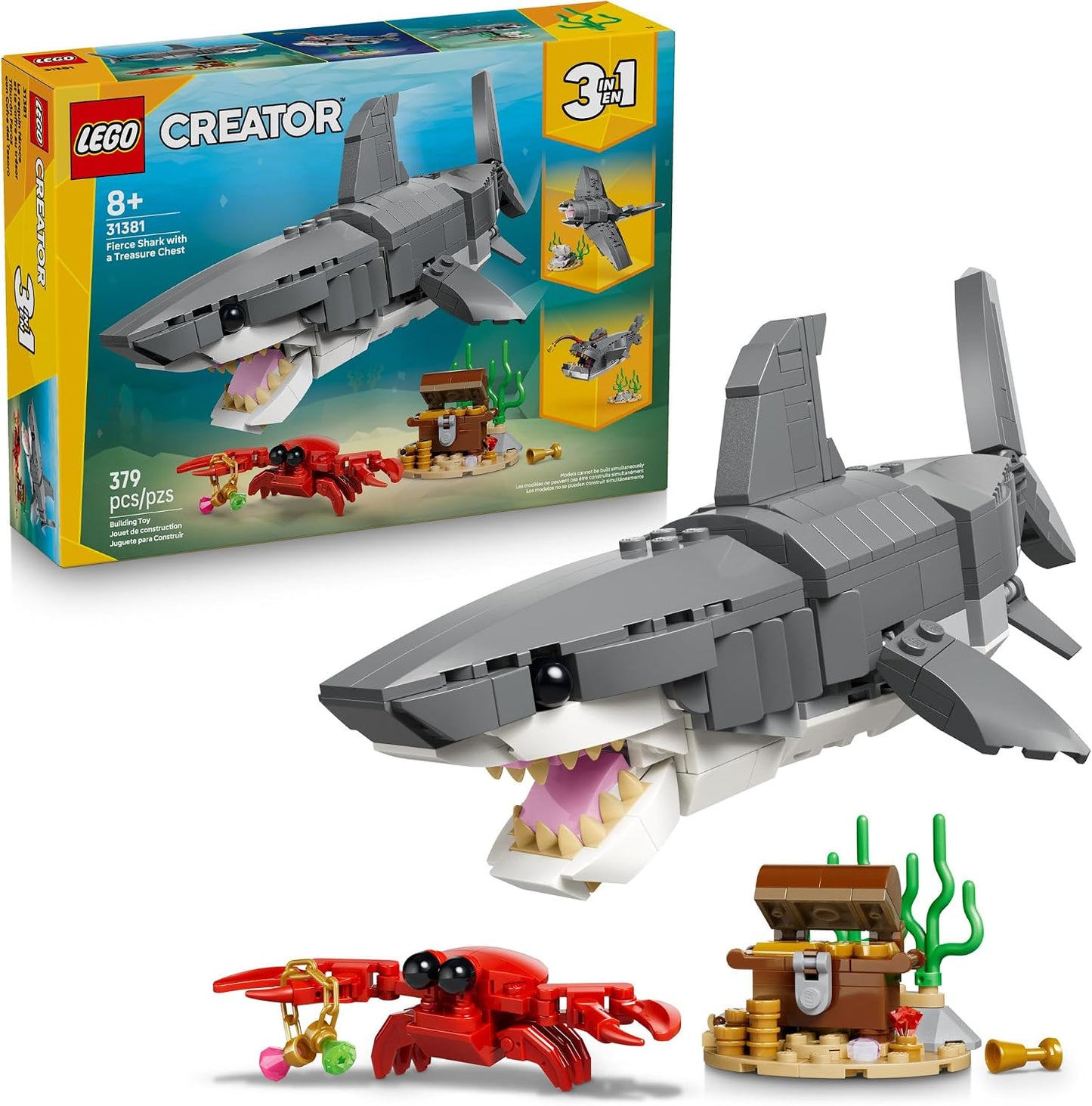 HotLEGO Creator Fierce Shark with a Treasure Chest Building Toy for Boys & Girls - Kids Build a Shark, Fish, or Manta Ray Animal Figure - Bedroom or Shelf Decor for Ages 8+ - 31381
