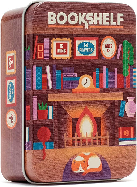 Hot Bookshelf by Alley Cat Games | Ages 8+ | 2-4 Players | Cooperative Stacking Game | Skill & Balance Card and Book Tower Game in Travel Tin | Cooperative Tabletop Challenge