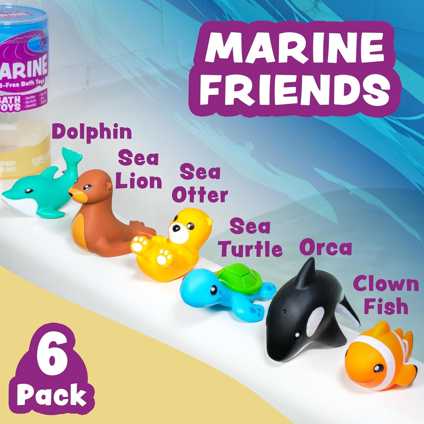 HotTub Works® Marine™ Mold Free Bath Toys, 6 Pack | Sealed, No Hole Bath Toys Design Keeps Moisture Out | Soft, Squeezable & Float on Water | Easy-Grip Baby & Toddler Bath Toy Set | Great Baby Pool Toys