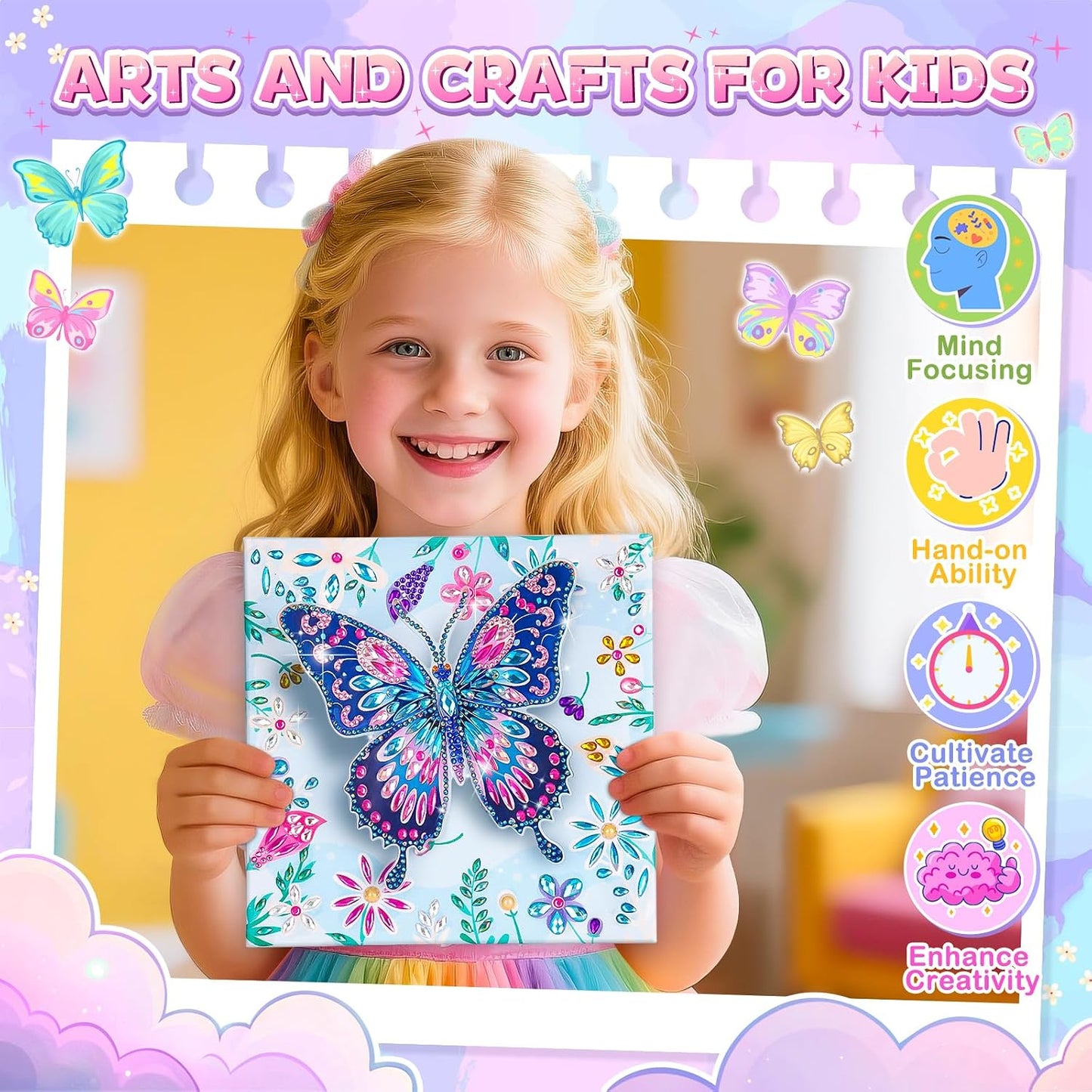 Hot Arts and Crafts for Kids Age 8-12, Diamond Art Kit for Kids, Gifts for 6 7 8 9 10 Year Old Girls, Birthday Presents Toys for Girl Teen, Fun Activities Gem Art Butterfly Kit with Frame for Home Decor