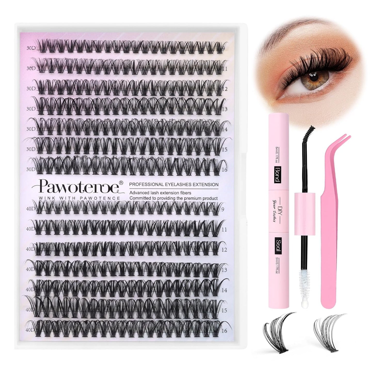 HotPawotence Lash Extension Kit DIY 280pcs Lash Clusters Eyelash Extension Kit, 9-16mm 30D 40D Individual Lashes Kit with Lash Bond and Seal, Lash Tweezers for Self Use (30D&40D, 0.07D, 9-16mm, Kit)