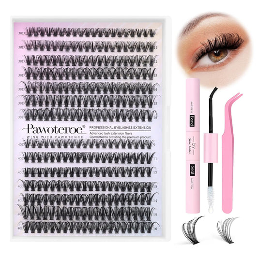HotPawotence Lash Extension Kit DIY 280pcs Lash Clusters Eyelash Extension Kit, 9-16mm 30D 40D Individual Lashes Kit with Lash Bond and Seal, Lash Tweezers for Self Use (30D&40D, 0.07D, 9-16mm, Kit)