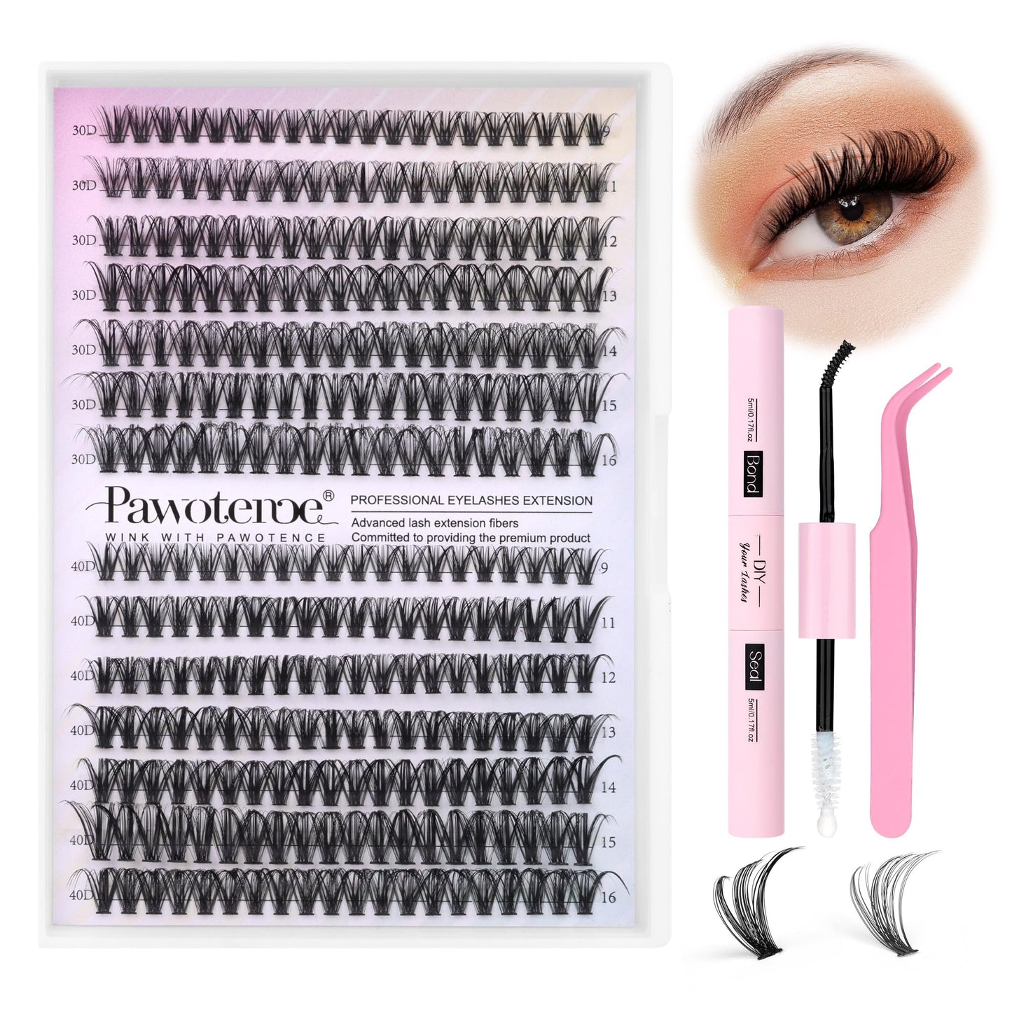 HotPawotence Lash Extension Kit DIY 280pcs Lash Clusters Eyelash Extension Kit, 9-16mm 30D 40D Individual Lashes Kit with Lash Bond and Seal, Lash Tweezers for Self Use (30D&40D, 0.07D, 9-16mm, Kit)
