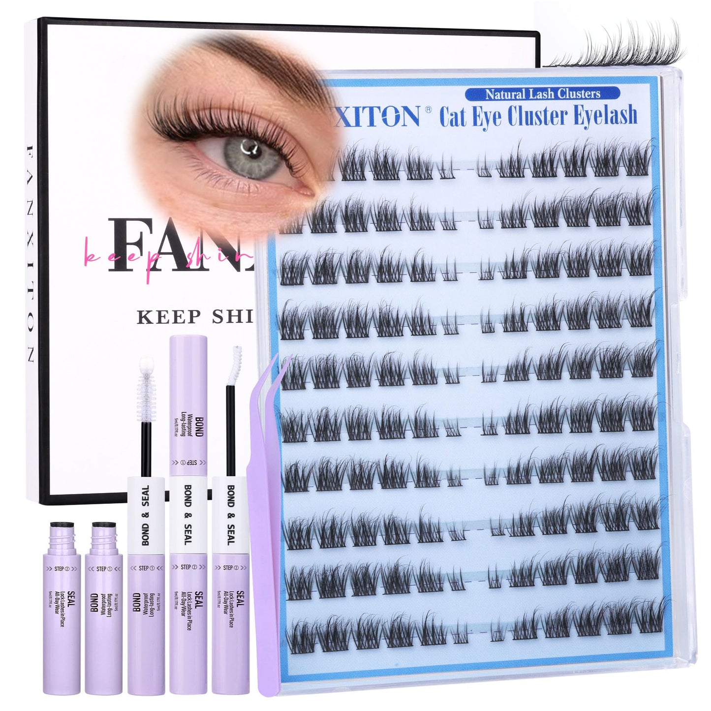 HotFANXITON DIY Individual Eyelash Extension Kit, Thick Volume Lash Clusters 40D+50D D Curvature, 280 Pieces Thin Band Cluster Lashes with Bond and Seal Tweezers