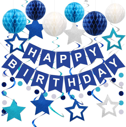 Hotmeowtastic Birthday Decorations Happy Birthday Banner with Honeycomb Balls | 16pcs Birthday Set: 1 Banner+6 Honeycomb Balls+8 Star Spirals+1 Circle Dots, Happy Birthday Decor - Blue