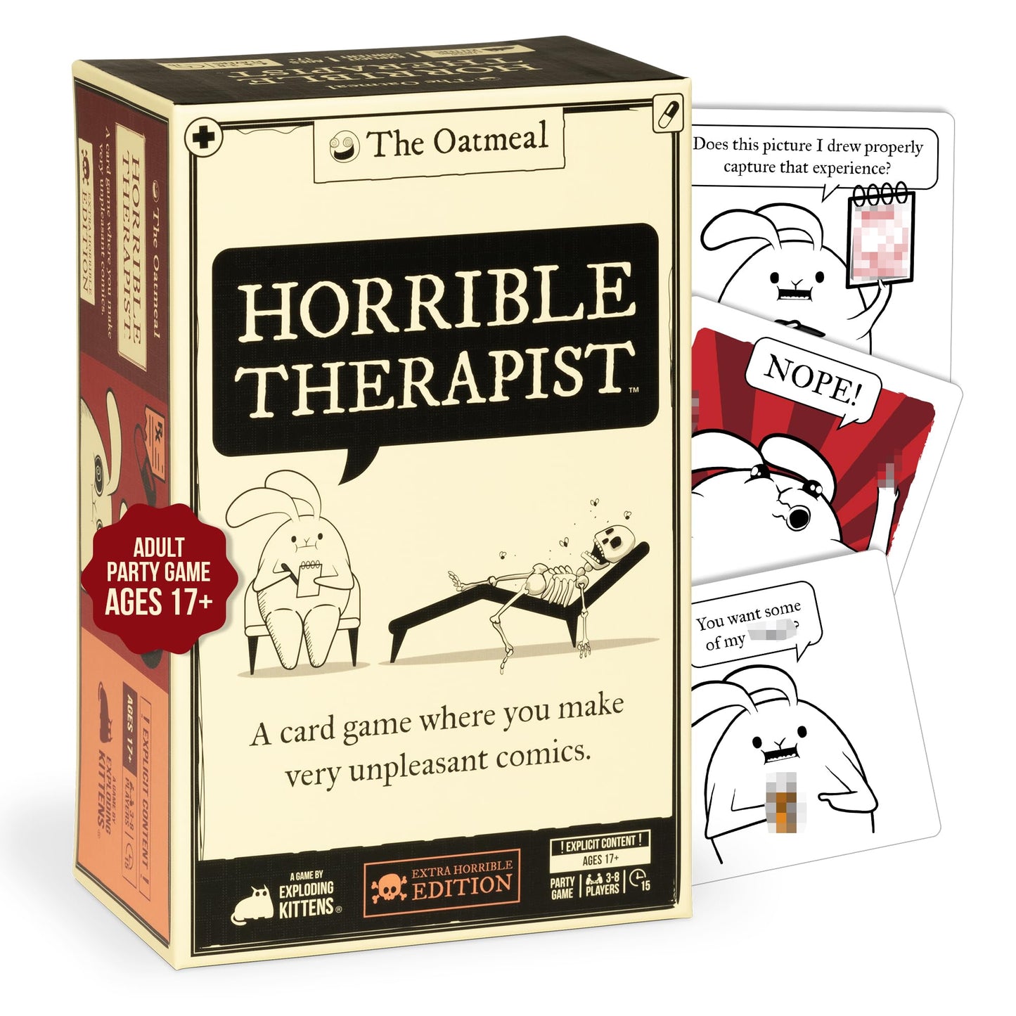 HotHorrible Therapist: Extra Horrible Edition by Exploding Kittens - A Card Game for 3-8 Players, Ages 17+ - Adult Party Game for Family Night | Build wildly inappropriate therapy comics with friends and family in this viral adult-only party game from The