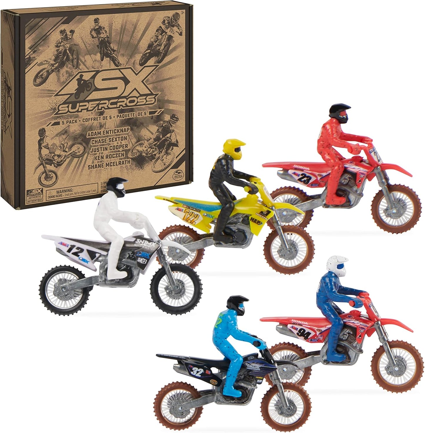 Hot Supercross, Authentic 5-Pack of 1:24 Scale Die-Cast Motorcycles with Rider Figure, Toy Moto Bike for Kids and Collectors Ages 3 and up