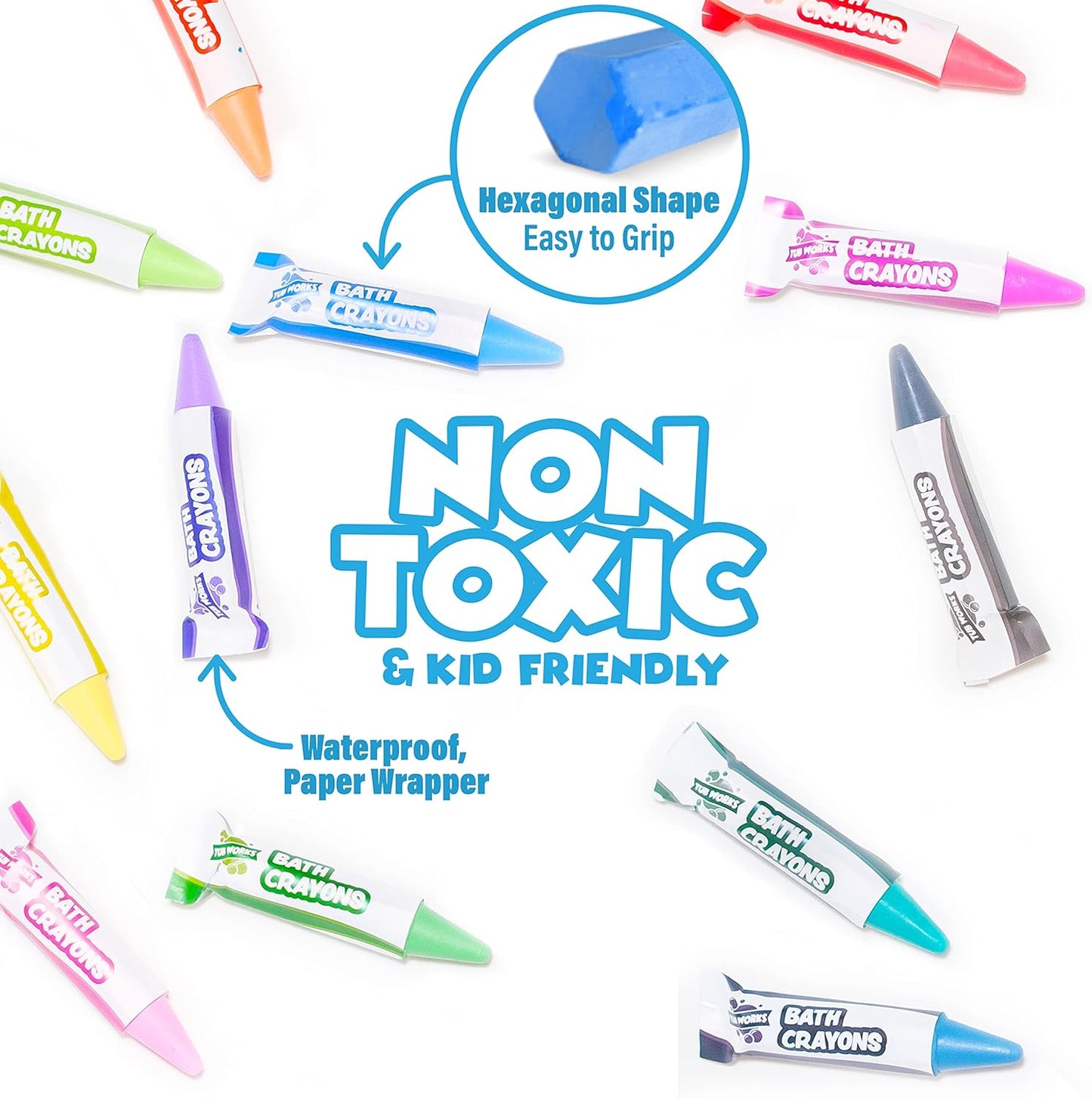 HotTub Works® Smooth™ Bath Crayons Bath Toy, 12 Pack | Nontoxic, Washable Bath Crayons for Toddlers & Kids | Unique Formula Draws Smoothly & Vividly on Wet & Dry Tub Walls | Hexagon Grip Bathtub Crayons