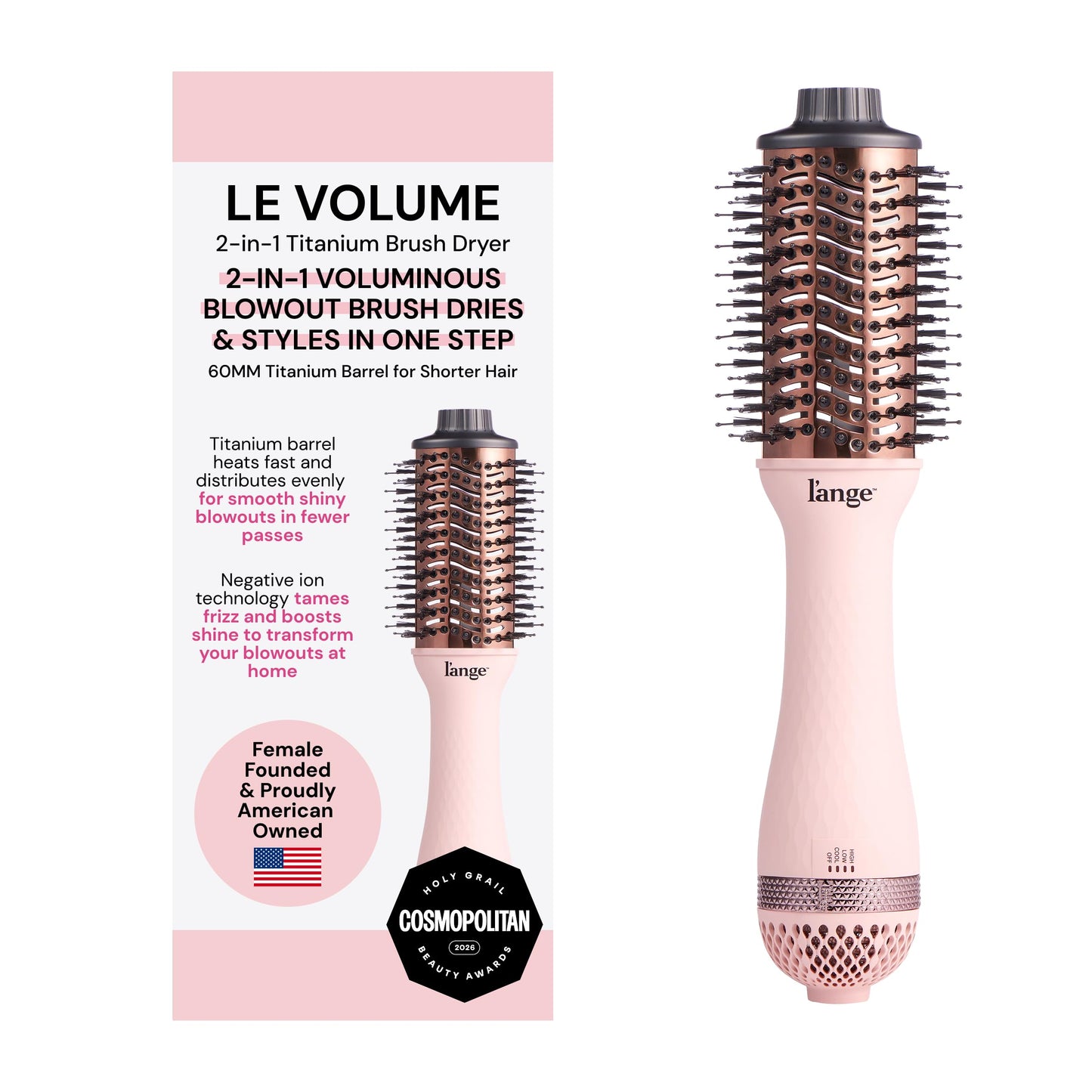 HotL'ANGE HAIR Le Volume 2-in-1 Titanium Blow Dryer Brush | Frizz Control Blowout Hair Dryer Brush For Drying And Straightening | Volumizing Hot Air Styler For All Hairstyles | Oval Barrel | Blush - 75mm