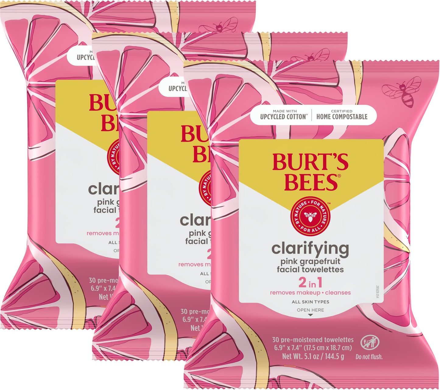 HotBurts Bees Micellar Rose Water Facial Towelettes, 100% Plant Based Cloth; 99% Natural Origin; Remove Makeup, Cleanse, Hydrate; No Greasy, Oily Residue; All Skin Types; 30 Ct, Pack of 3 (Pack May Vary)