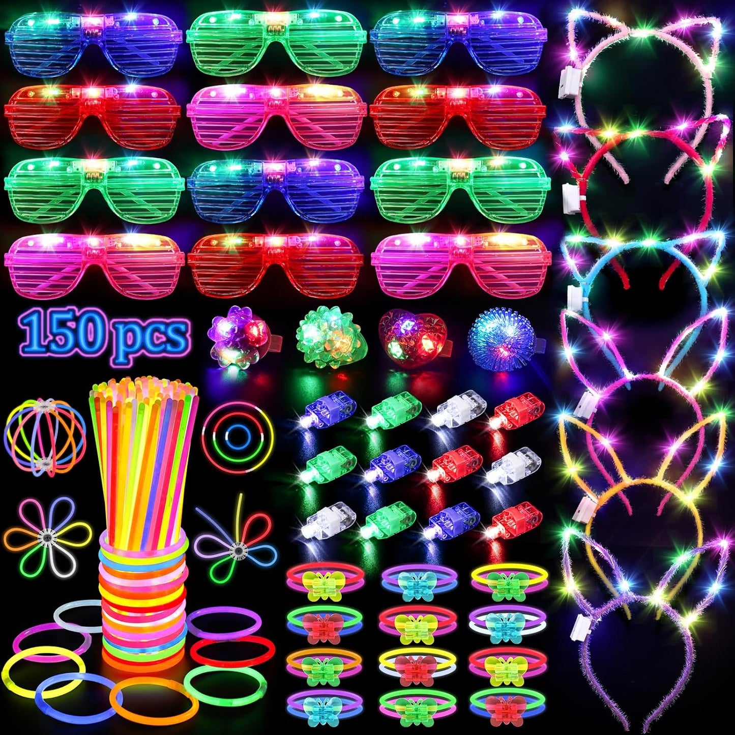 Hot150PCS Glow in the Dark Party Supplies for Kids Adults, Light Up Party Favors with Light Up Glasses, Headband, Rings, 100 Glow Sticks Bulk Party Pack DIY Glow Necklaces Bracelets, Neon Party Supplies