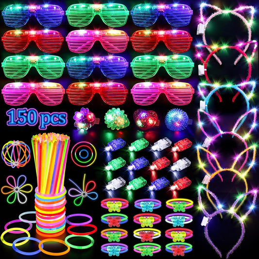 Hot150PCS Glow in the Dark Party Supplies for Kids Adults, Light Up Party Favors with Light Up Glasses, Headband, Rings, 100 Glow Sticks Bulk Party Pack DIY Glow Necklaces Bracelets, Neon Party Supplies