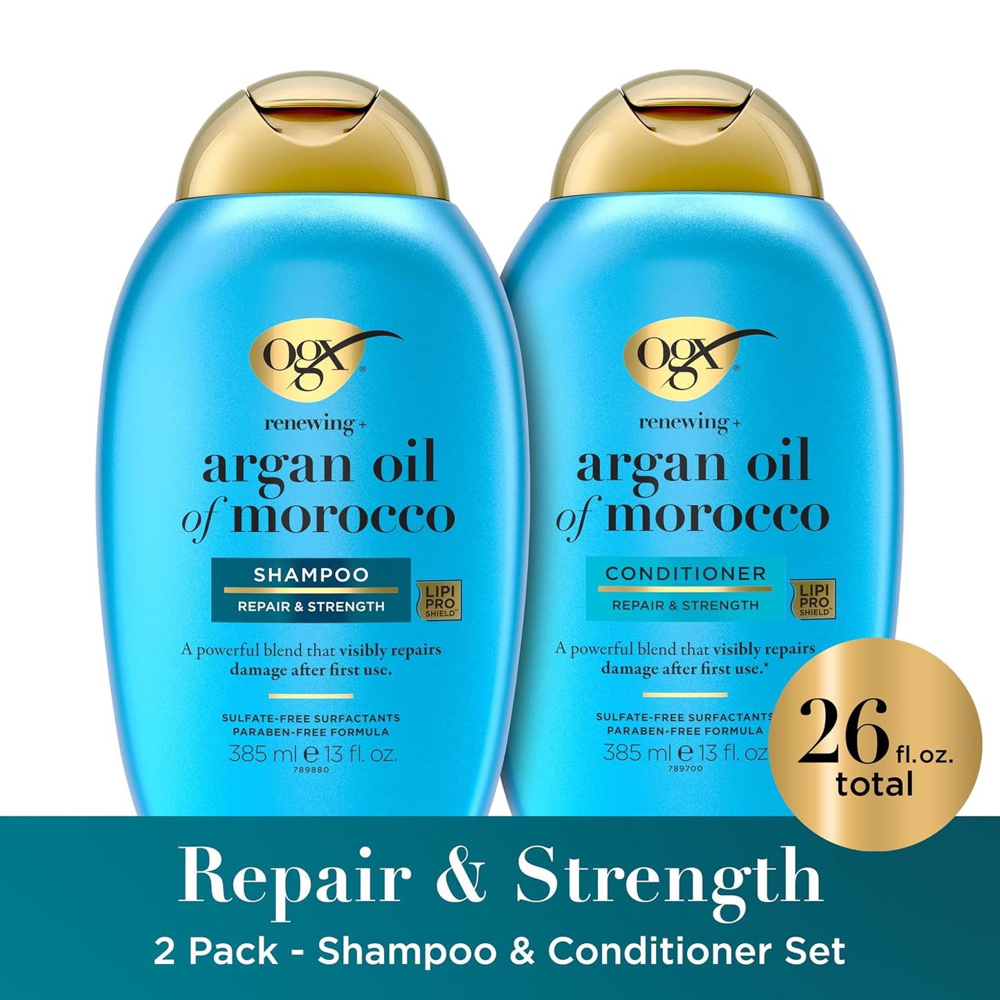 HotOGX Renewing + Argan Oil of Morocco Shampoo & Conditioner Set, Damage Repairing Shampoo & Conditioner Helps Strengthen & Repair Dry, Damaged Hair, Sulfate-Free Surfactants, 13 fl. Oz, 2 Pack