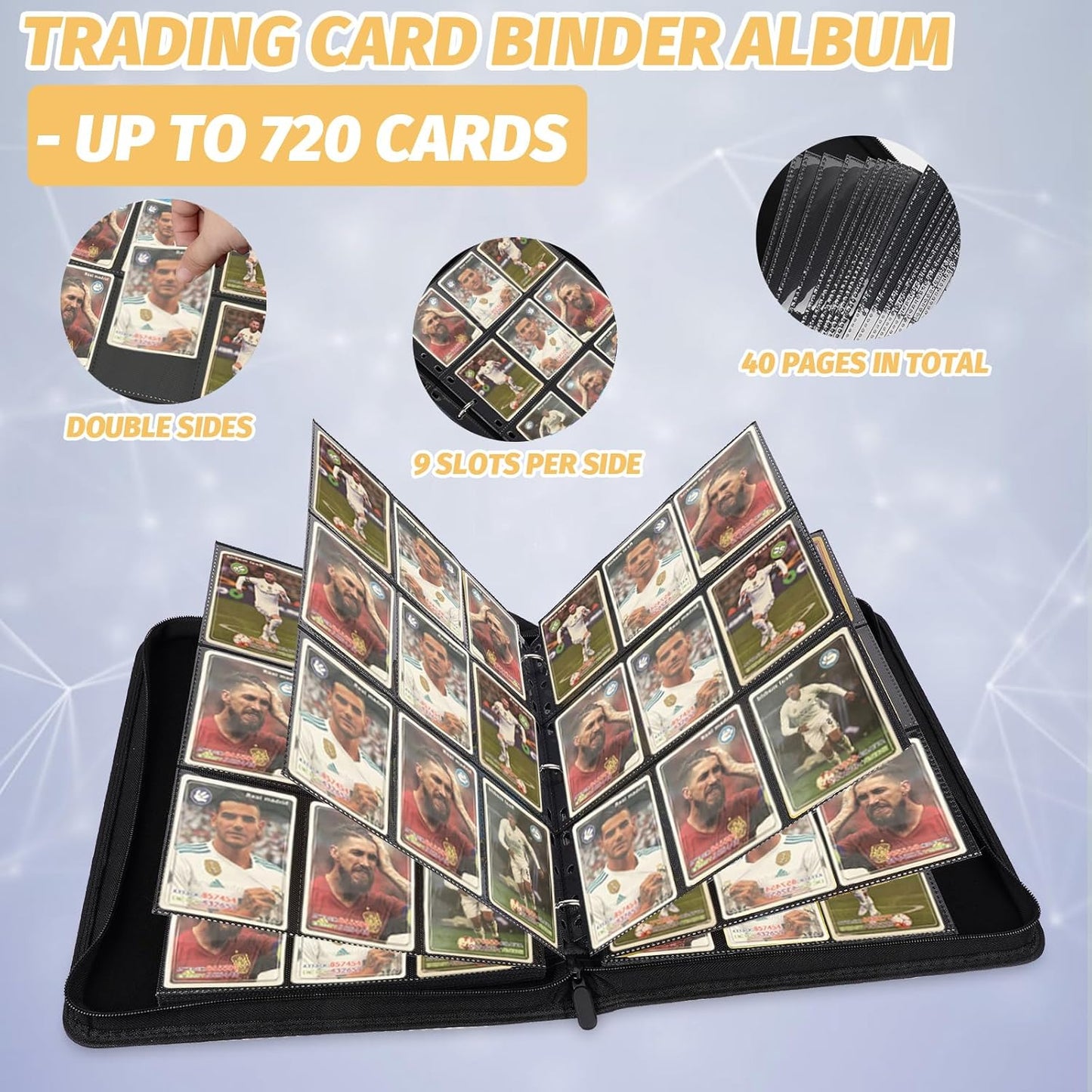 HotGERMUN 9 Pocket Trading Card Binder,720 Cards,40 Top-Loading Pages, Double Sided Pockets PU Cover Zipper Collection Album Folder for Standard MTG, TCG, Sports Cards(Black)
