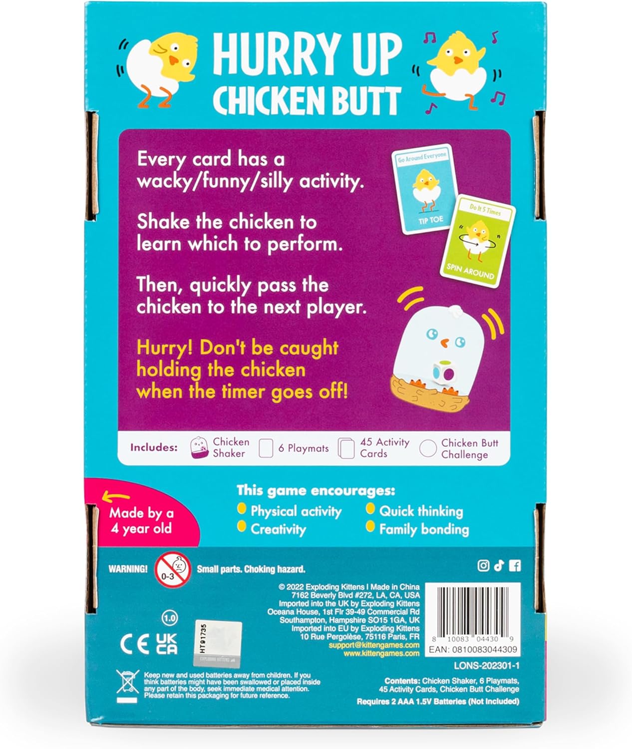 HotExploding Kittens Hurry Up Chicken Butt, 2-6 Players, Age 4+, Kids Game | Get the wiggles out with our best‐selling kids game! Jump, laugh, make animal noises, and don’t get stuck with the chicken.