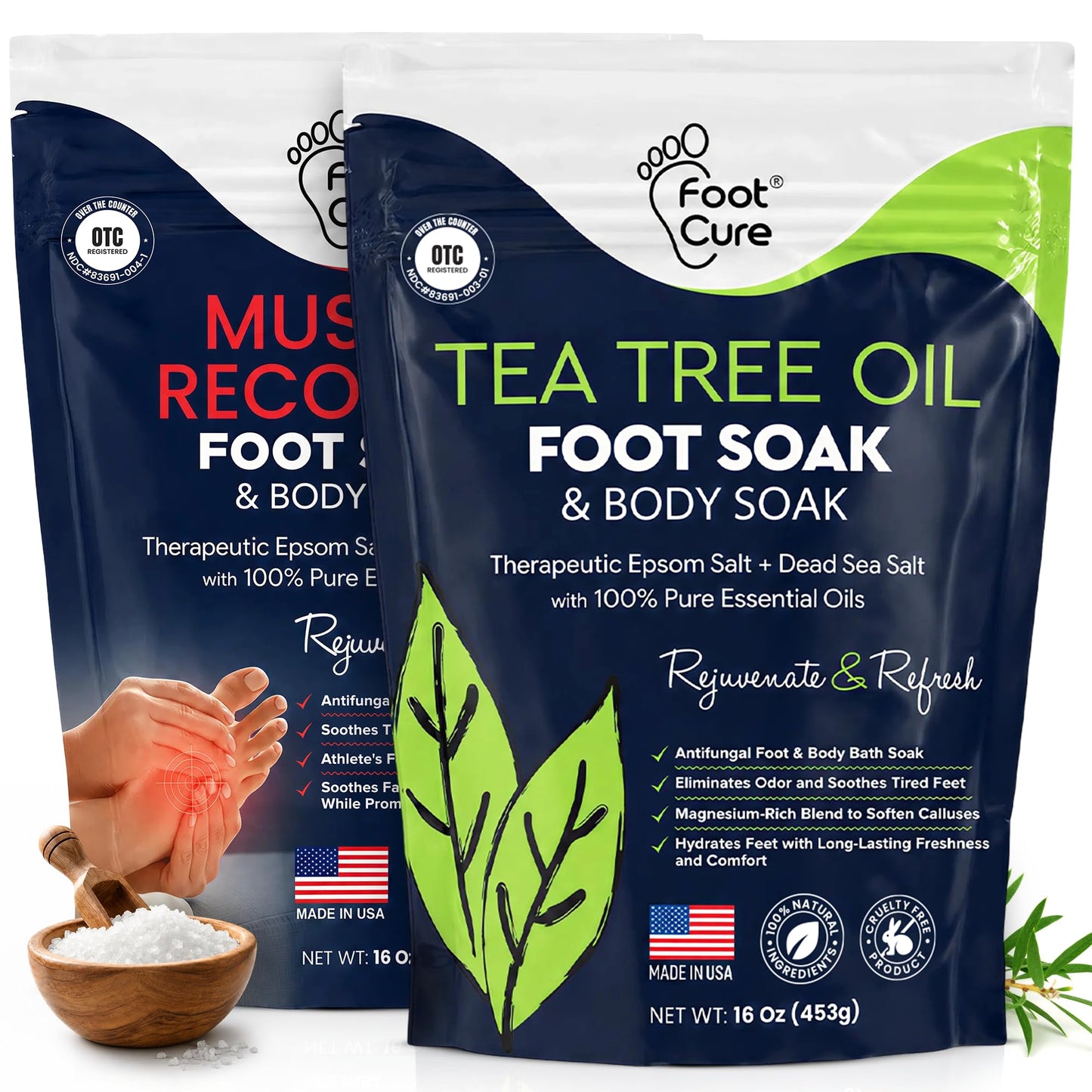 HotTea Tree Oil Foot Soak with Epsom Salt - For Toenail Repair, Athletes Foot, Softens Calluses, Soothes Sore & Tired Feet, Nail Discoloration, odor Scent, Spa Pedicure Care - Made in USA 16 oz