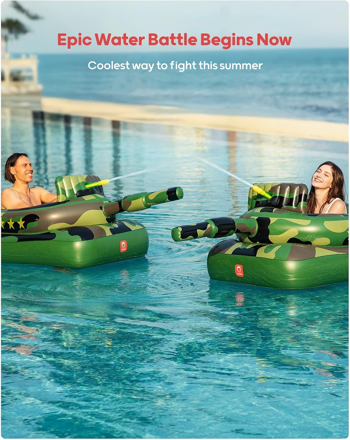 HotQPAU Inflatable Tank Pool Float for Adults & Kids – Ride-On Camouflage Floaty with Water Cannon, Swim Raft Toy for Boys Girls, Lake Beach Backyard Party Floaties
