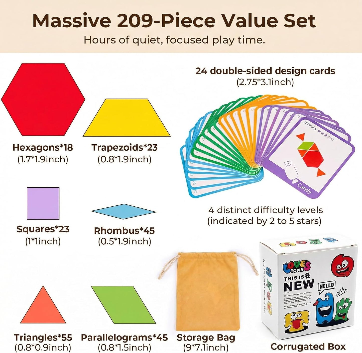 HotLovesTown 209 PCS Shapes Wooden Pattern Blocks for Kids, Geometric with Activity Cards and Storage Bag, Educational Tangram Puzzles,Great Learning Gift from Parents or Teachers