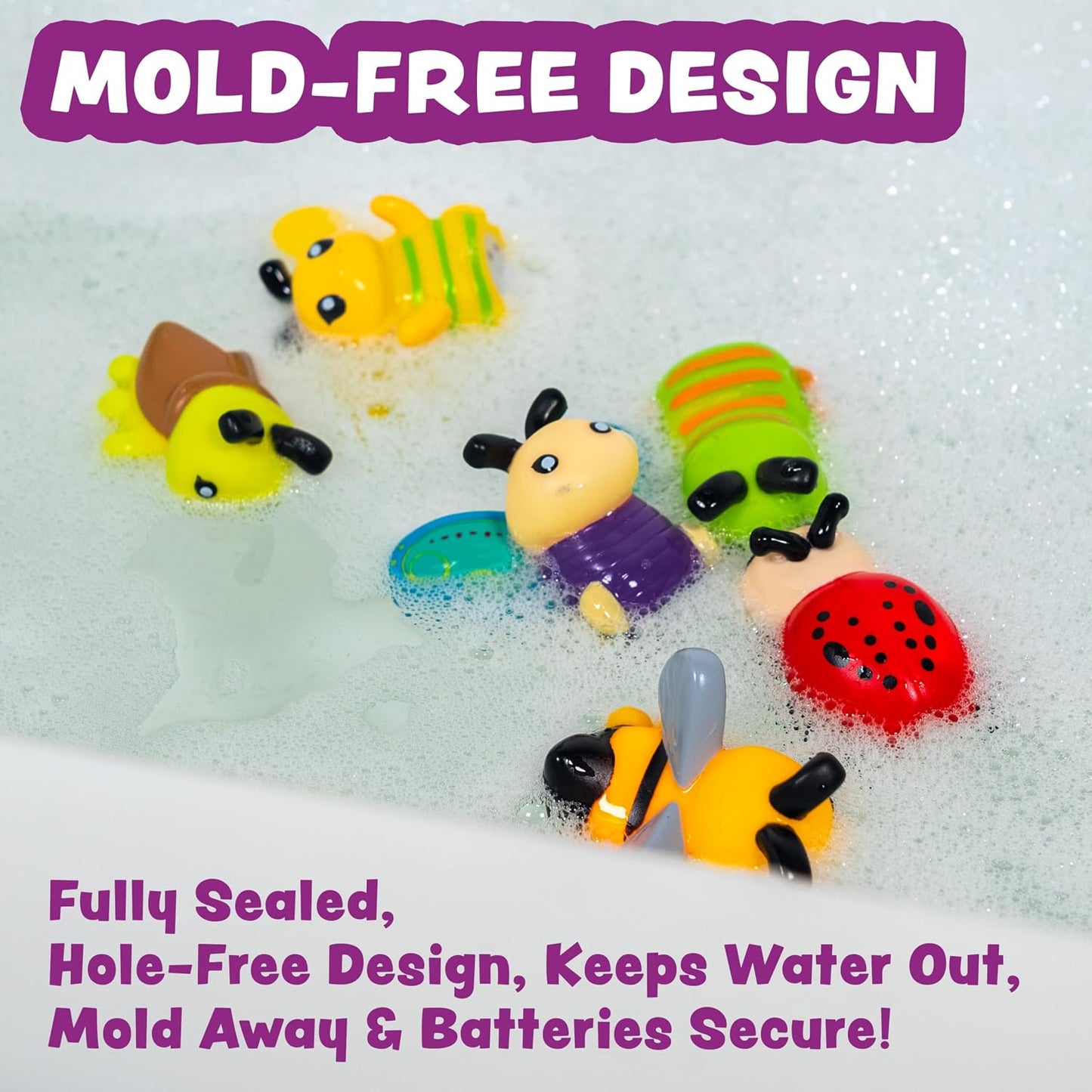 HotTub Works® Bugs™ Light Up Bath Toys, 6 Pack | Water-Activated Light Up Toys Flash & Change Color | Easy-Grip Baby Girl & Toddler Bath Toys | Glow Bugs for Kids | Sensory Bathtub Toys with Bath Lights