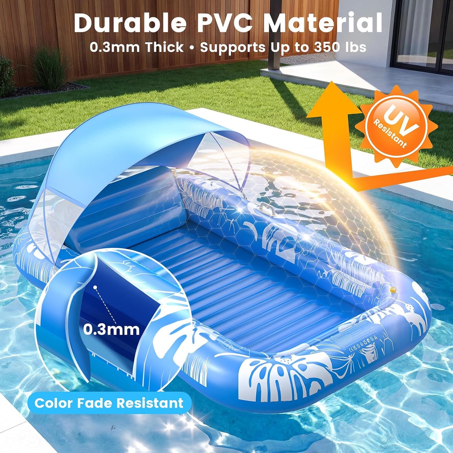 HotInflatable Tanning Pool Lounger Float with Sprinkler & Canopy UPF50+, 77" x 48" Extra Large Tanning Pool Float for Adults, Sunbathing Water Lounge Bed with Pillow & Cup Holder for Backyard & Pool