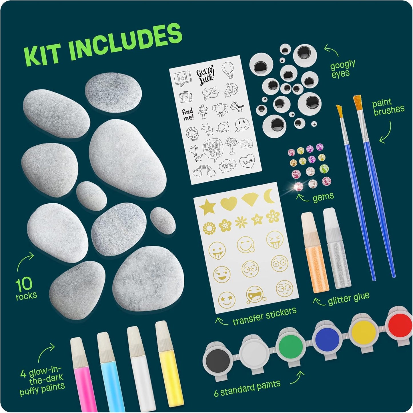 HotDan&Darci Kids Rock Painting Kit - Glow in The Dark - Gifts Arts & Crafts for Boys and Girls Ages 6-12 - Craft Activities Kits - Creative Art Toys for 6, 7, 8, 9, 10, 11 & 12 Year Old Kid