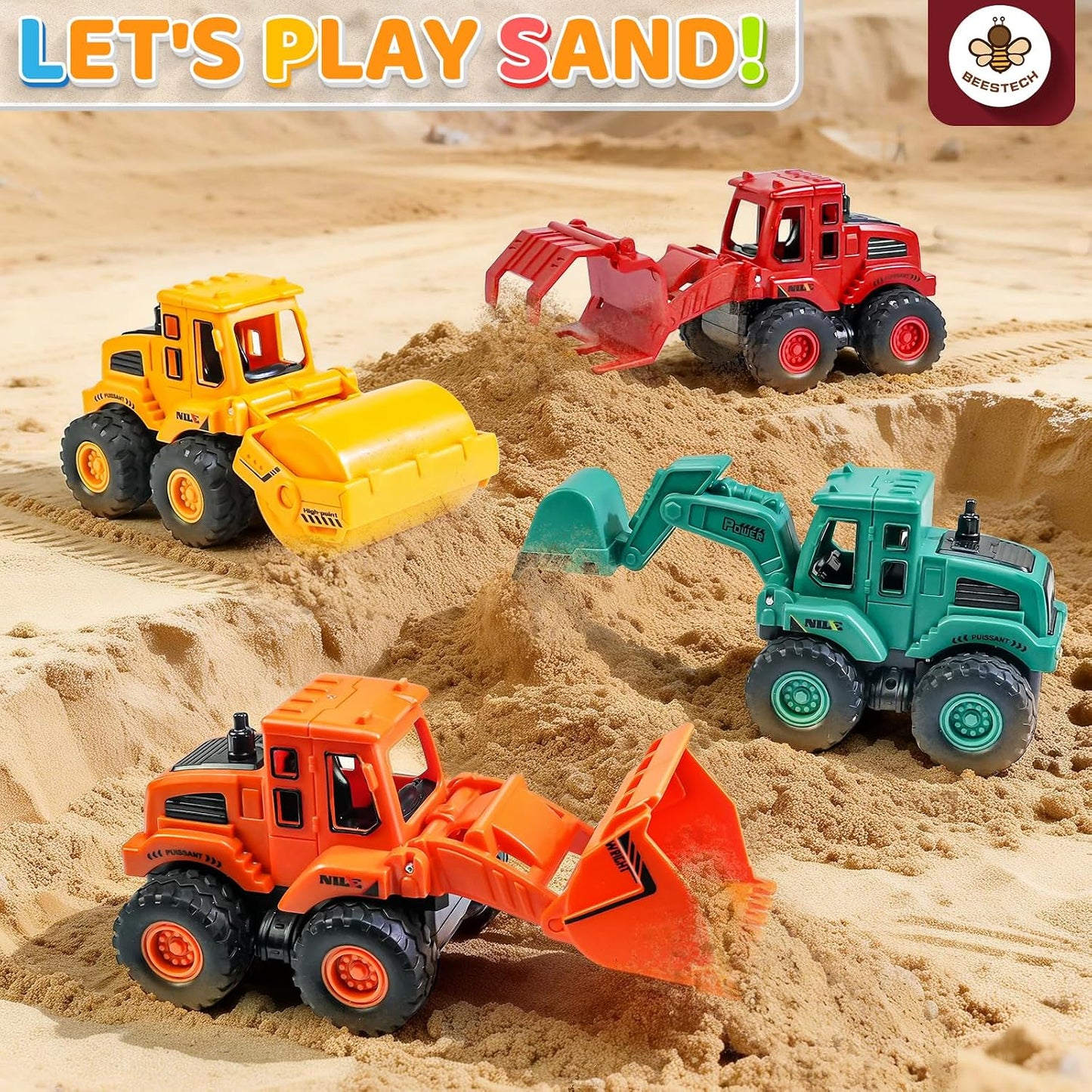Hot Beestech Construction Toys for 3 Years Old Boys Girls Kids, Friction Powered Construction Truck Toys Vehicles Sand Toys Trucks Excavator, Bulldozer, Road Roller (Colorful 4 Pack)